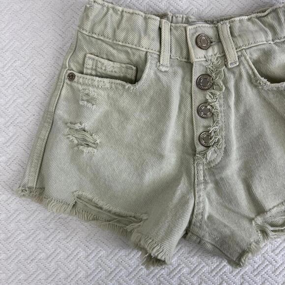 Zara Girls 7 Pale Green Wash Distressed Snap Denim High Rise Shorts 1879/603 - Picture 5 of 11